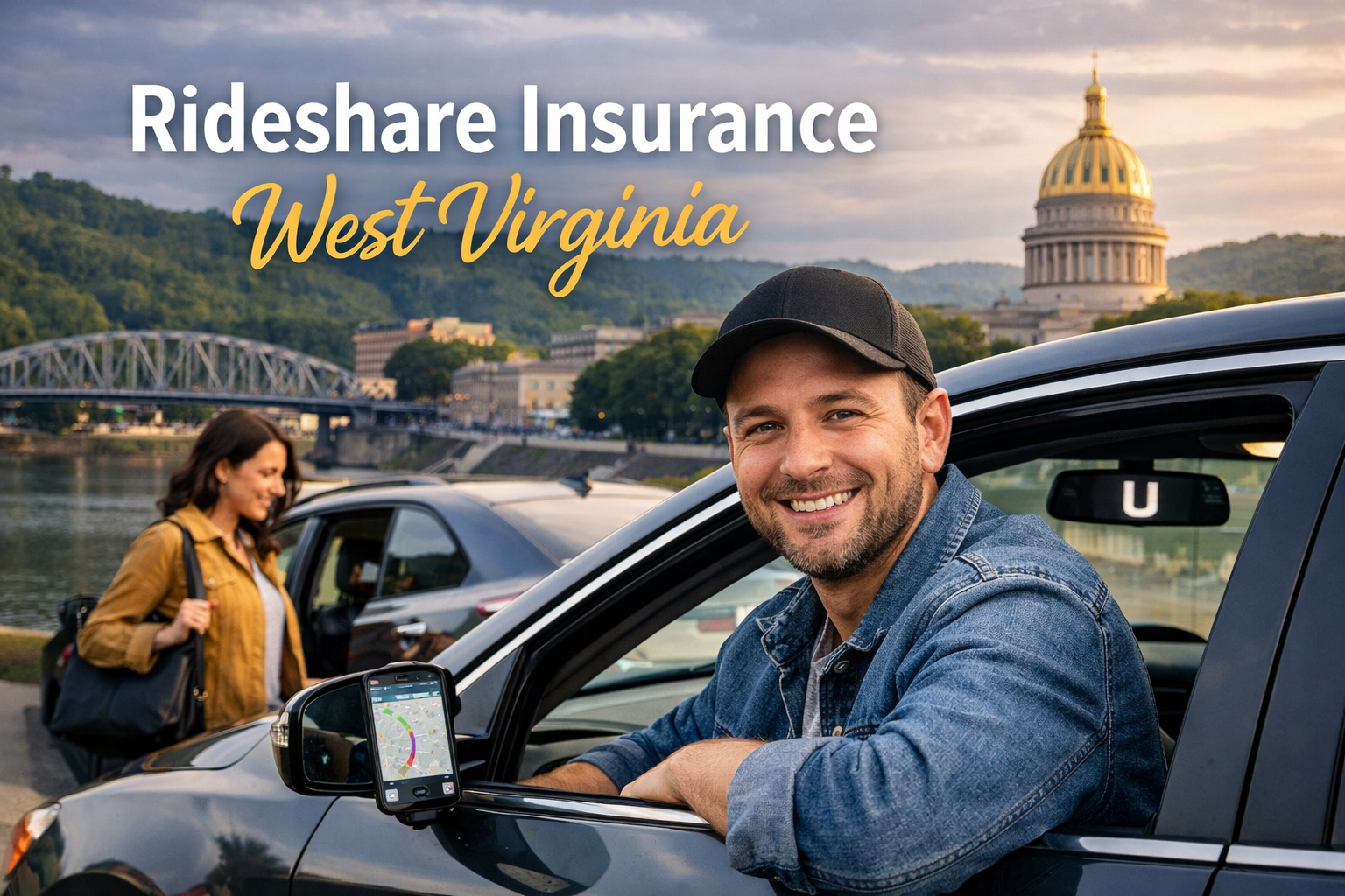 West Virginia rideshare insurance guide for 2026 showing Uber and Lyft coverage by app period and West Virginia transportation network company insurance requirements