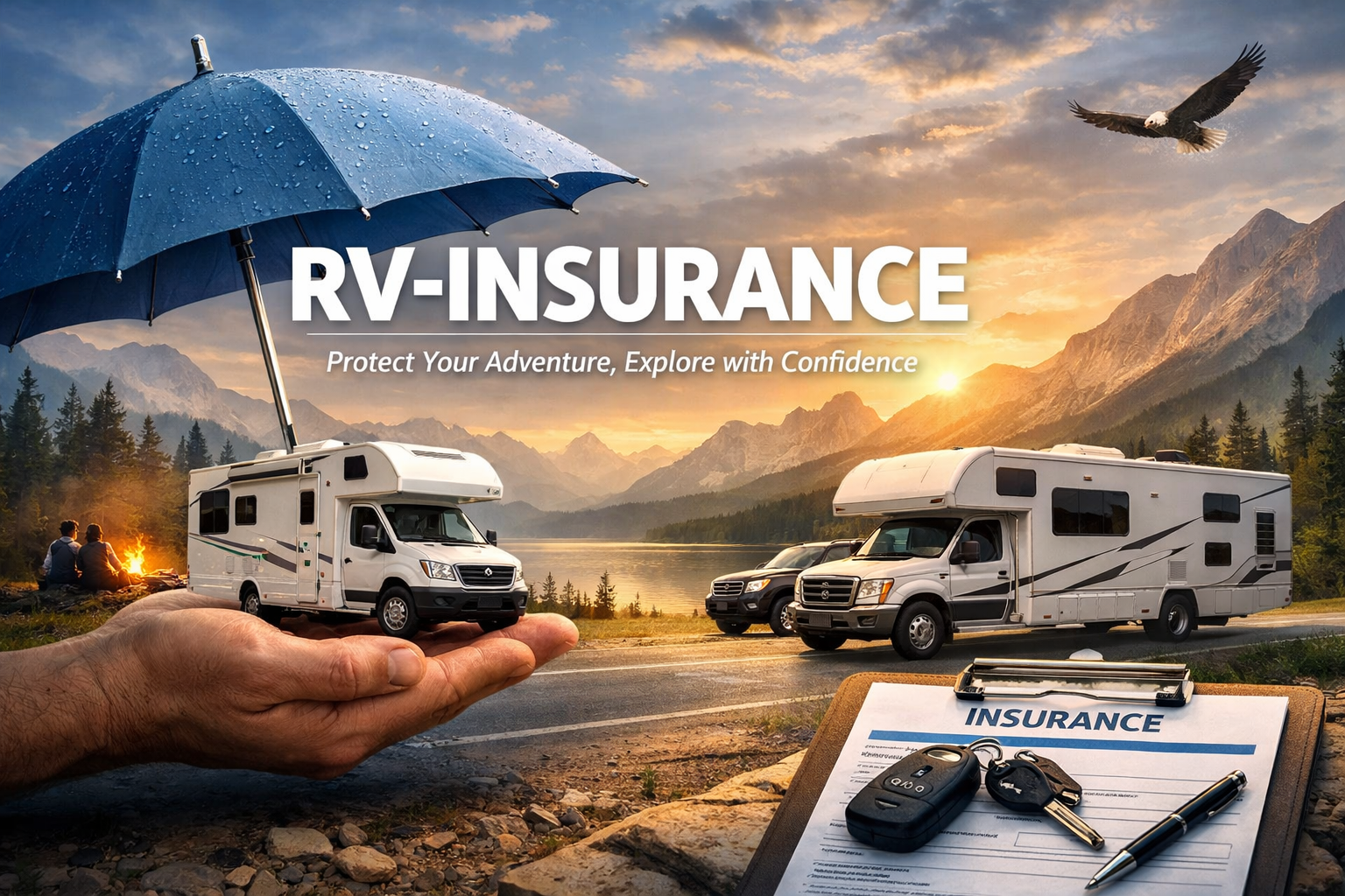RV insurance guide for 2026 showing coverage options for motorhomes, travel trailers, and full-time RV living