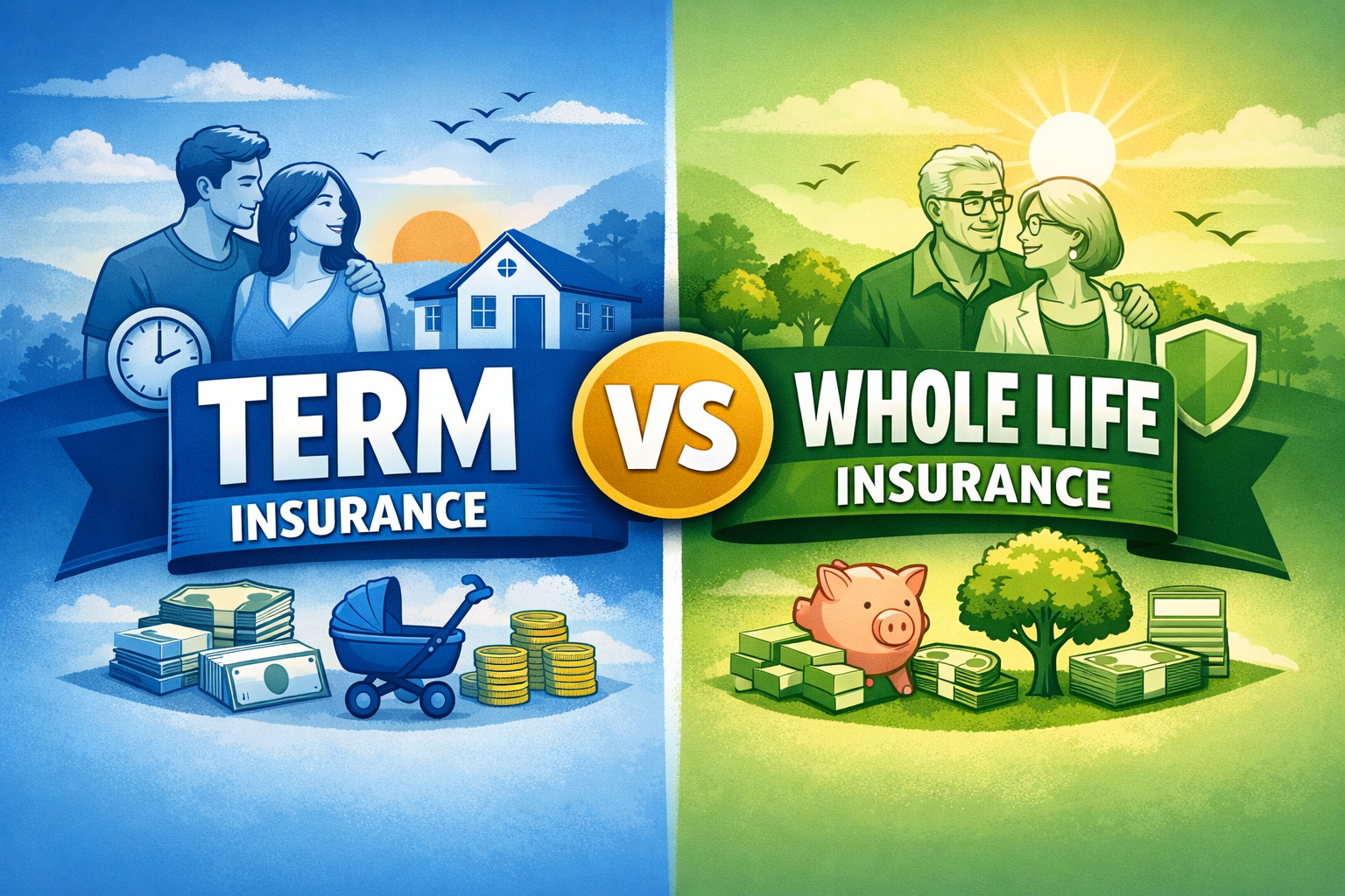 Term vs whole life insurance comparison for 2026 showing timeline protection versus lifetime coverage and cash value