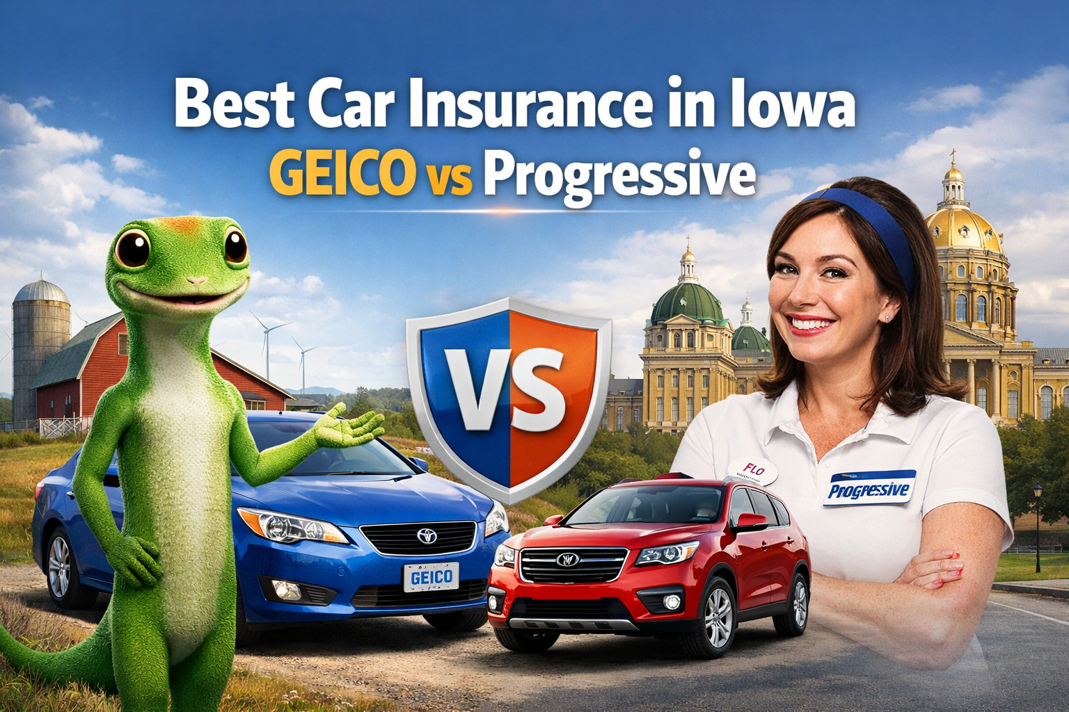 Best car insurance in Iowa comparison showing GEICO versus Progressive for 2026 drivers