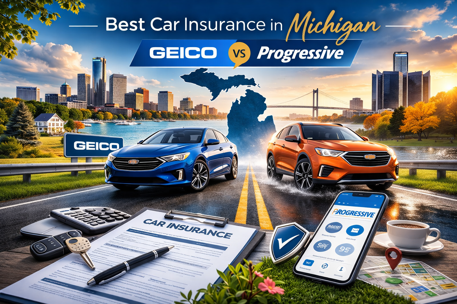 Best car insurance in Michigan comparison showing GEICO versus Progressive for 2026 drivers