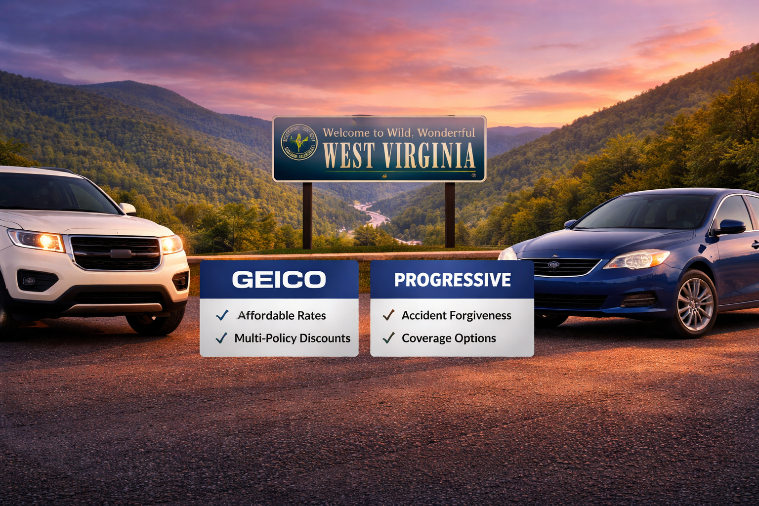 Best car insurance in West Virginia comparison showing GEICO versus Progressive for 2026 drivers