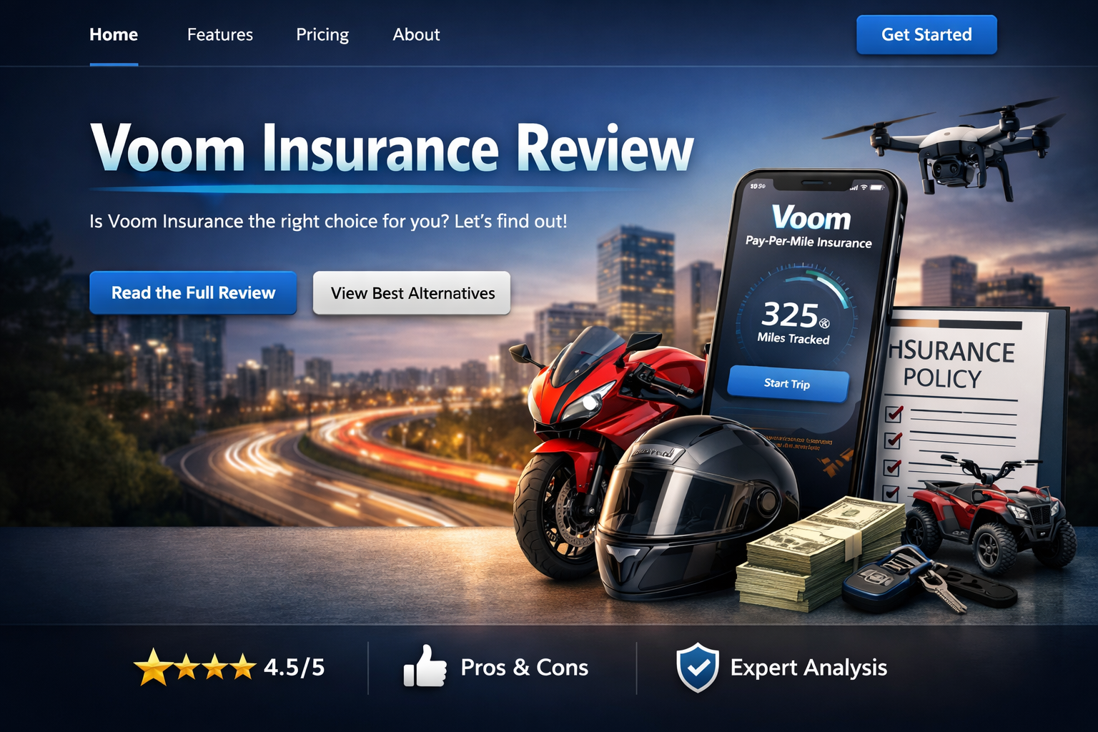 VOOM Insurance review for 2026 showing pay-per-mile motorcycle coverage, low-mileage fit, and digital policy tools