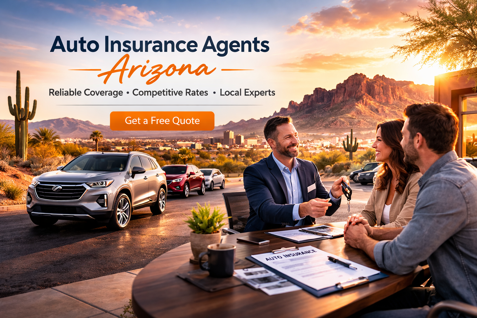 Auto insurance agents in Arizona helping drivers compare coverage, deductibles, liability limits, and policy options for 2026