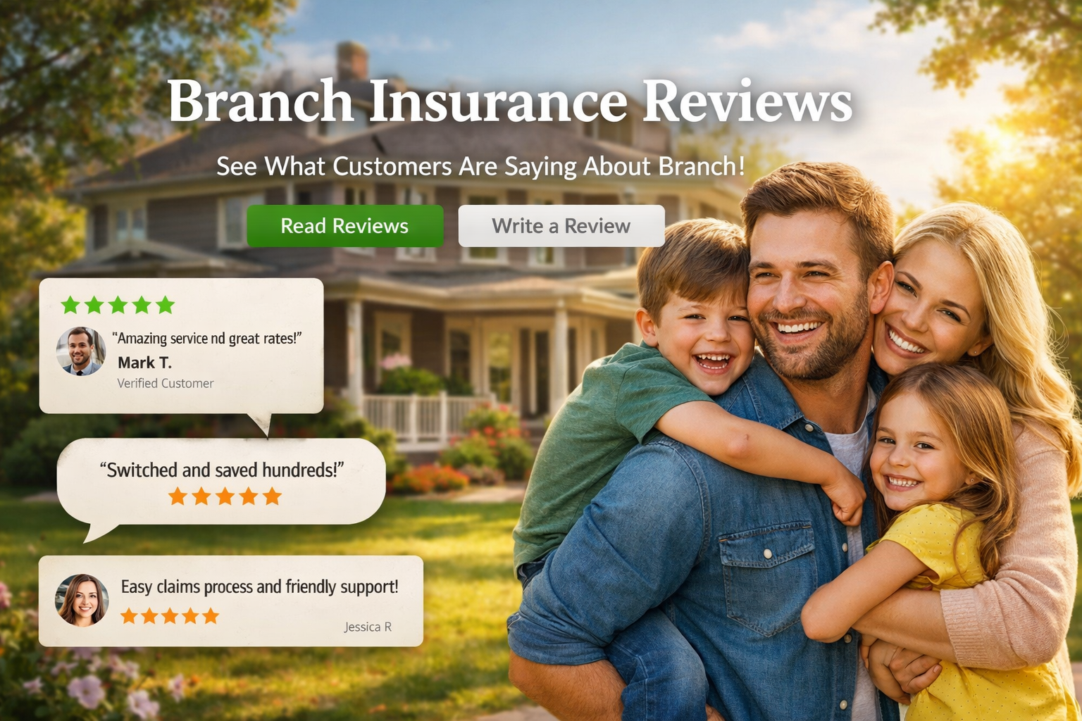 Branch insurance reviews graphic for 2026 showing bundle-first home and auto insurance, pros, cons, reciprocal structure, and driver fit