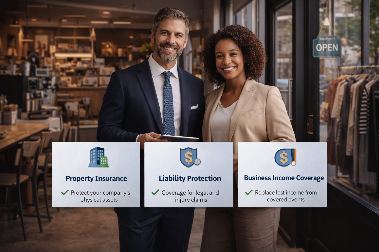 Business Owner’s Policy insurance in 2026 showing bundled commercial property, general liability, and business income protection for small businesses