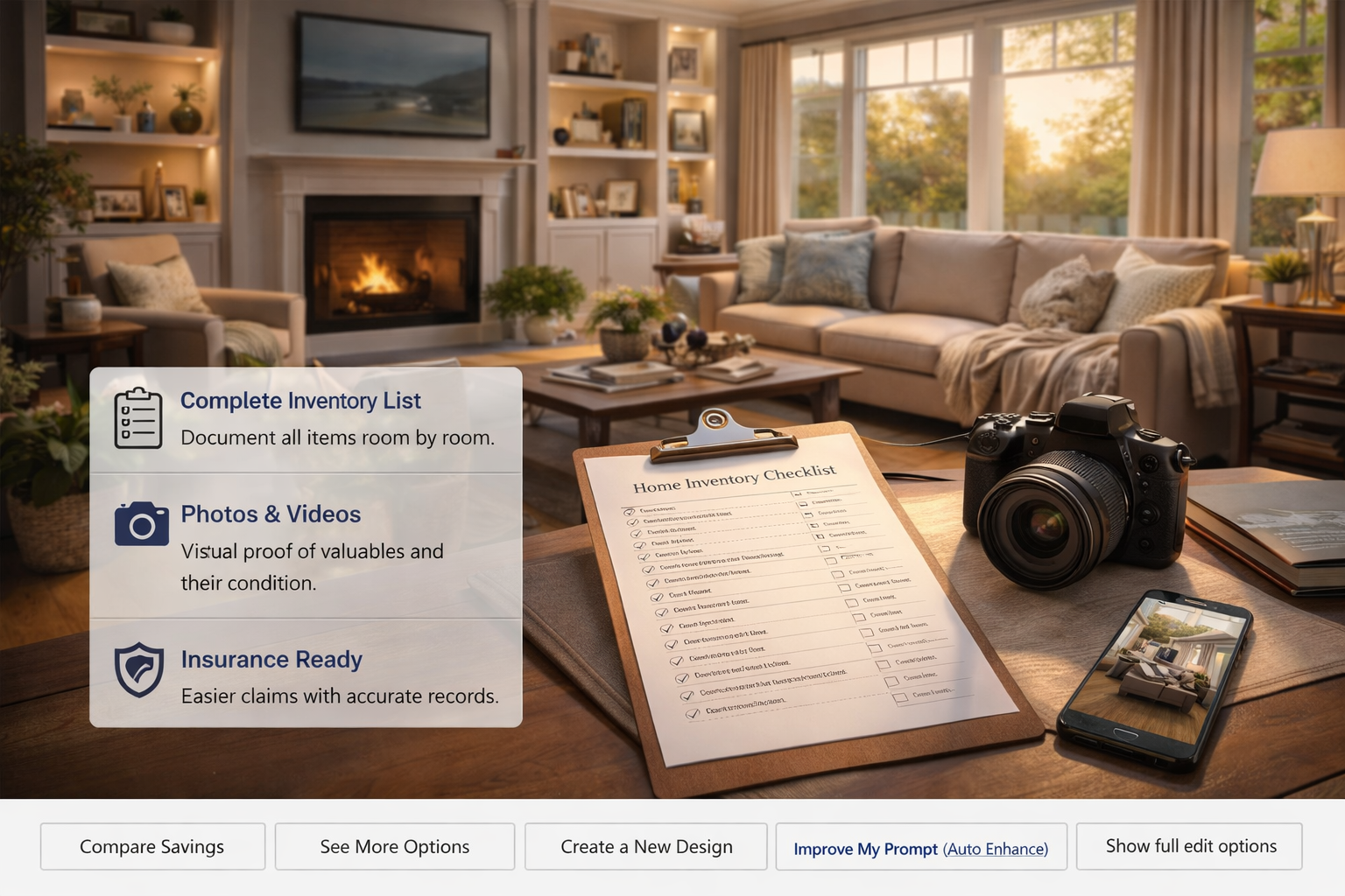 Home inventory checklist for 2026 showing room-by-room documentation, receipts, serial numbers, photos, and storage tips for insurance claims