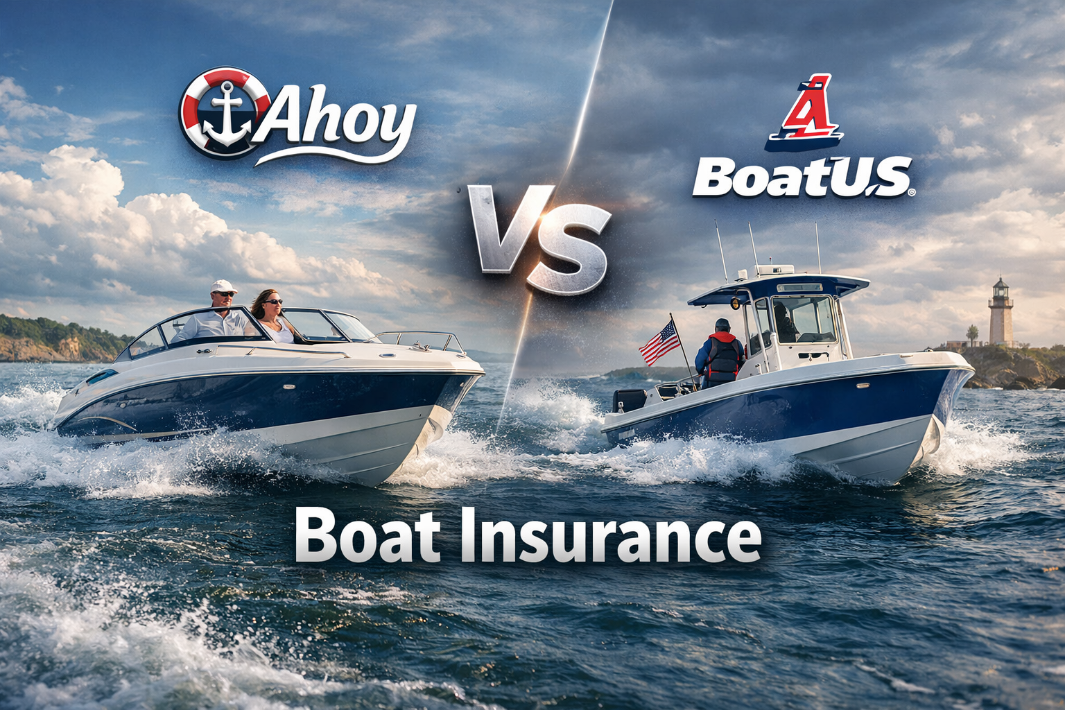 Ahoy vs BoatUS boat insurance comparison for 2026 showing coverage, agreed hull value, towing, and app features