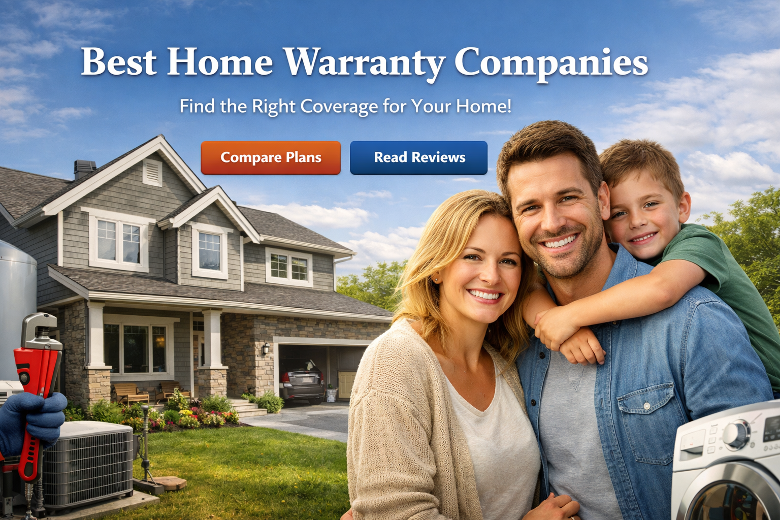 Best home warranty companies in 2026 comparison image showing plan types, service fees, add-ons, waiting periods, and buyer fit