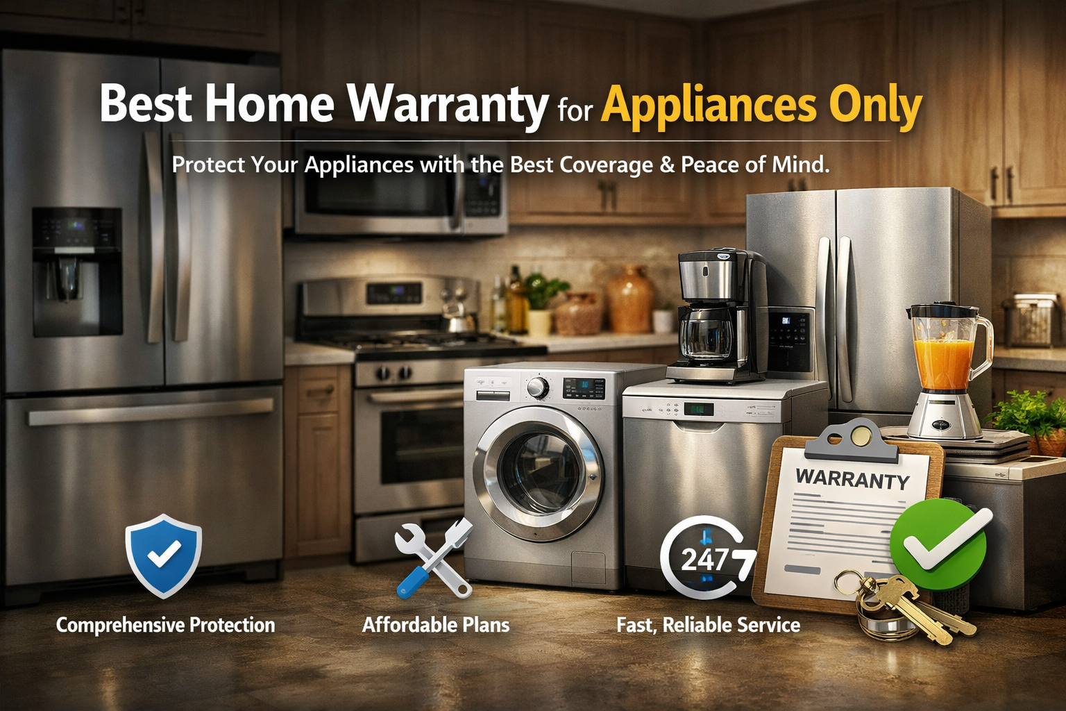 Best home warranty for appliances only in 2026 comparison image showing appliance plans, service fees, waiting periods, and best-fit guidance