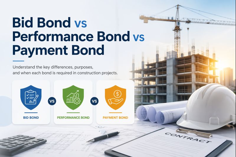 Contractor comparing bid bond, performance bond, and payment bond requirements for a construction project