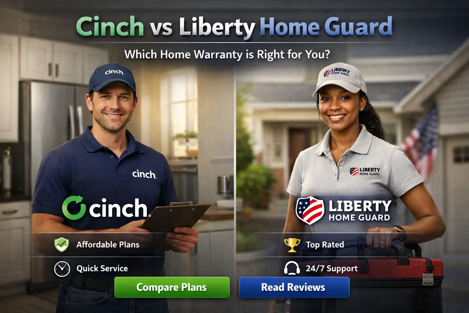 Cinch vs Liberty Home Guard comparison for 2026 showing plans, service fees, add-ons, waiting periods, and best-fit guidance