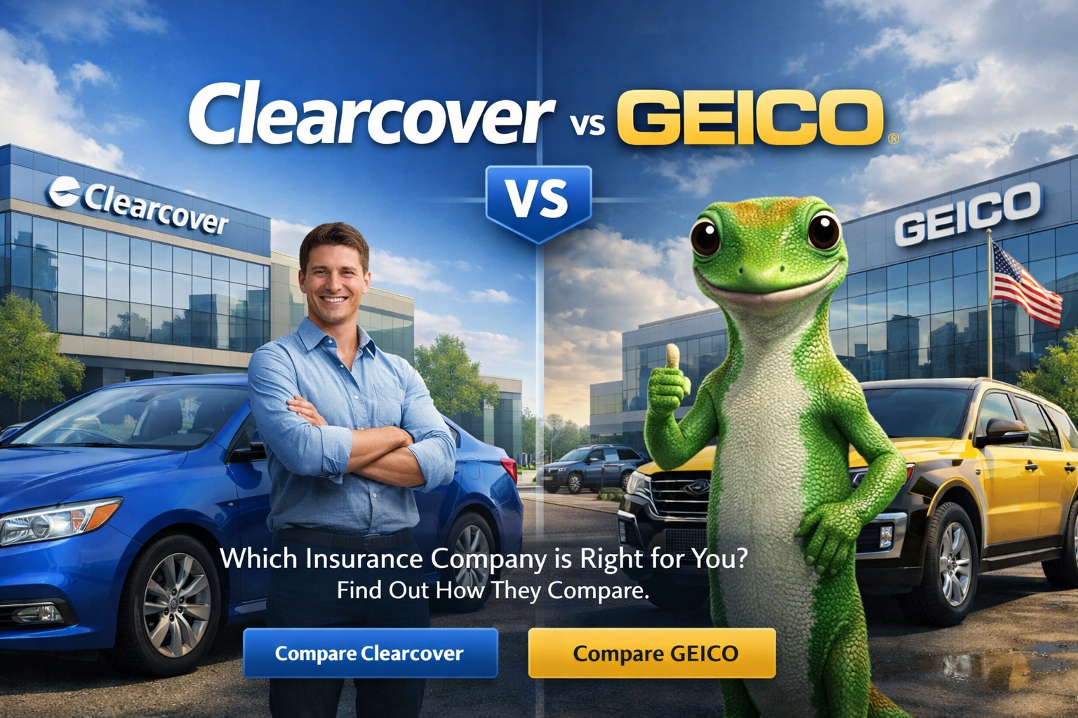 Clearcover vs GEICO comparison image for 2026 auto insurance shopping