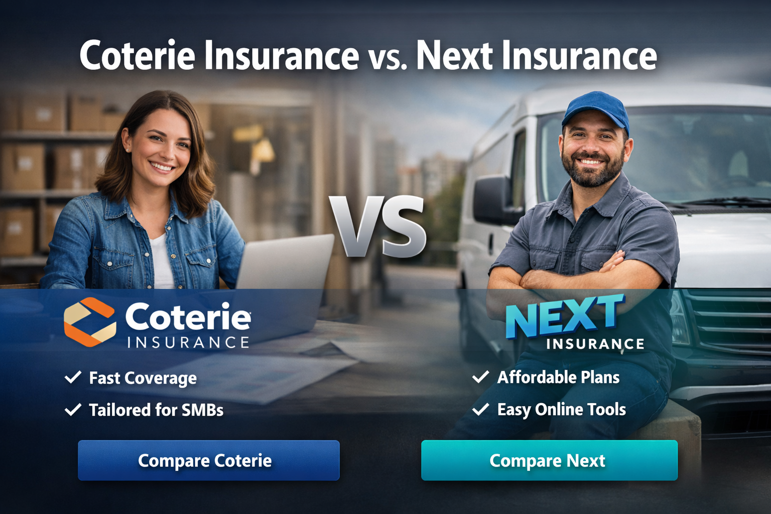 Coterie Insurance vs NEXT Insurance comparison for 2026 showing business insurance products, quote flow, claims handling, and best-fit guidance