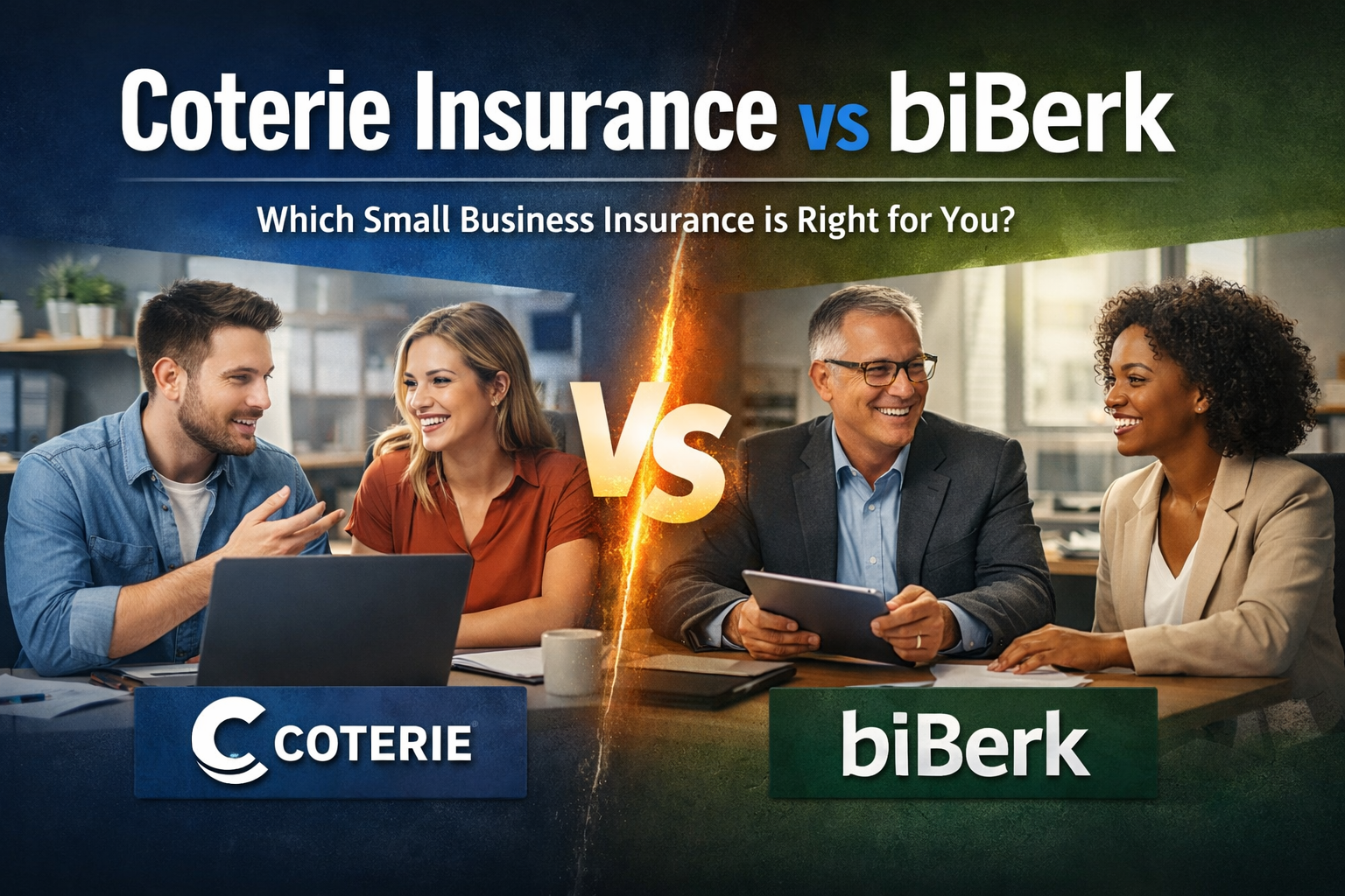 Coterie Insurance vs biBerk comparison for 2026 showing business insurance coverage breadth, quote speed, and small business fit