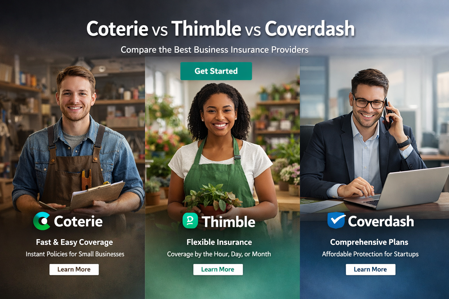 Coterie vs Thimble vs Coverdash comparison for 2026 showing business insurance flexibility, quote workflow, COI access, and best-fit use cases