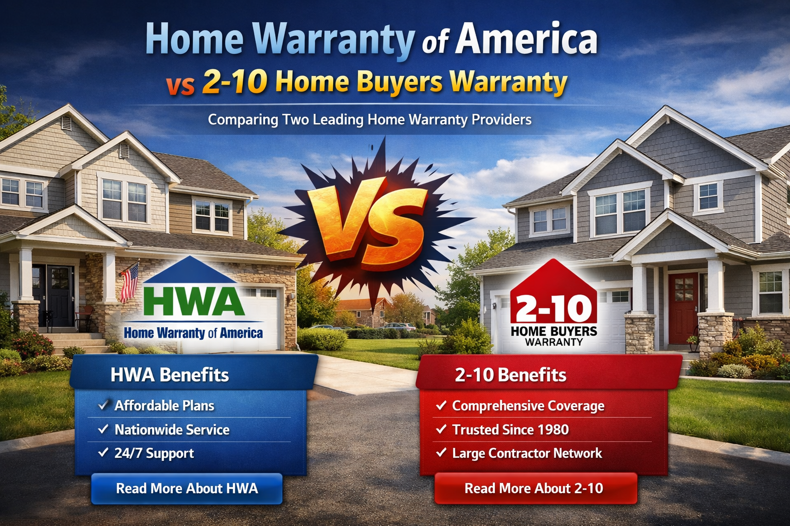 Home Warranty of America vs 2-10 Home Buyers Warranty comparison for 2026 showing plans, service fees, waiting periods, and buyer fit