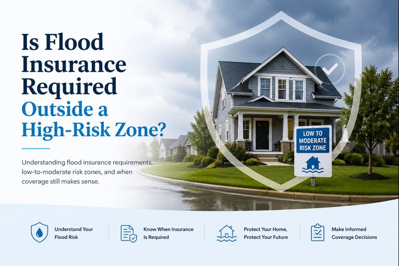 Homeowner checking whether flood insurance is required outside a high-risk flood zone in 2026