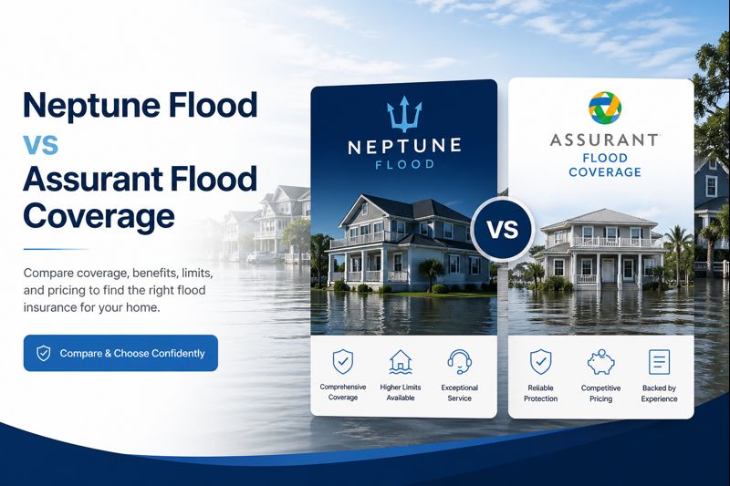 Neptune Flood vs Assurant Flood Coverage comparison for 2026 showing private flood insurance, NFIP servicing, limits, waiting periods, and claims
