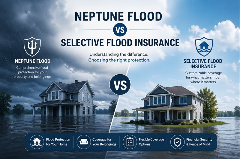 Neptune Flood vs Selective Flood Insurance comparison for 2026 showing private flood coverage, NFIP-backed coverage, limits, pricing, and claims