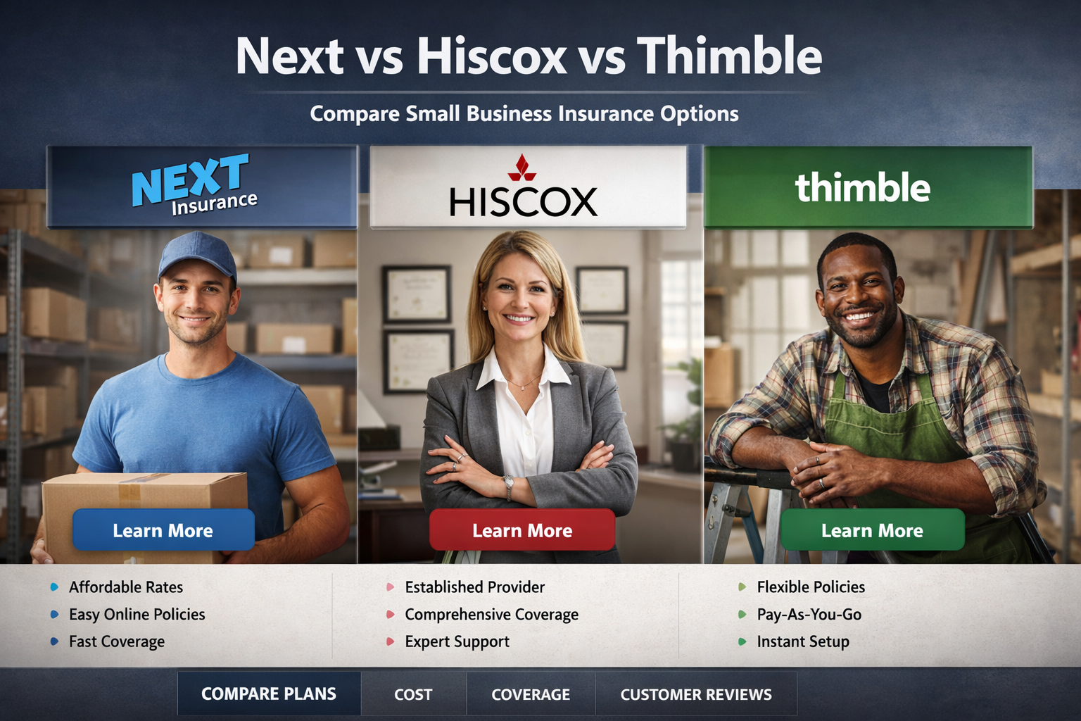 NEXT vs Hiscox vs Thimble comparison for 2026 showing business insurance quote speed, coverage flexibility, and best-fit use cases for small businesses