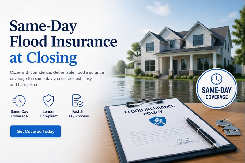 Same-day flood insurance at closing for 2026 with lender-required flood coverage, private flood quote steps, and closing checklist