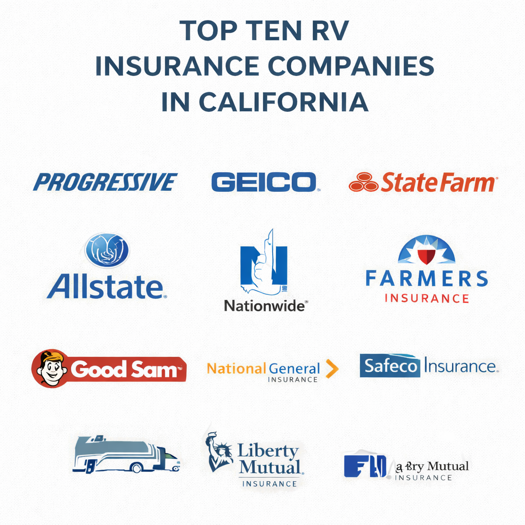 Ten RV insurance companies in California for 2026 with side-by-side comparison of full-timer options, roadside help, and replacement features