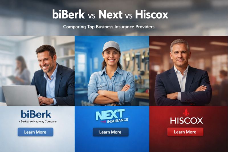 biBerk vs NEXT vs Hiscox comparison for 2026 showing online business insurance options, coverage fit, COI speed, and quote workflow