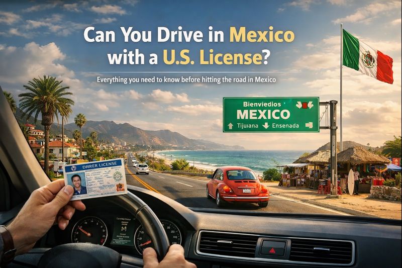 Guide explaining whether you can drive in Mexico with a U.S. license, plus border documents, Mexico auto insurance, and travel medical coverage
