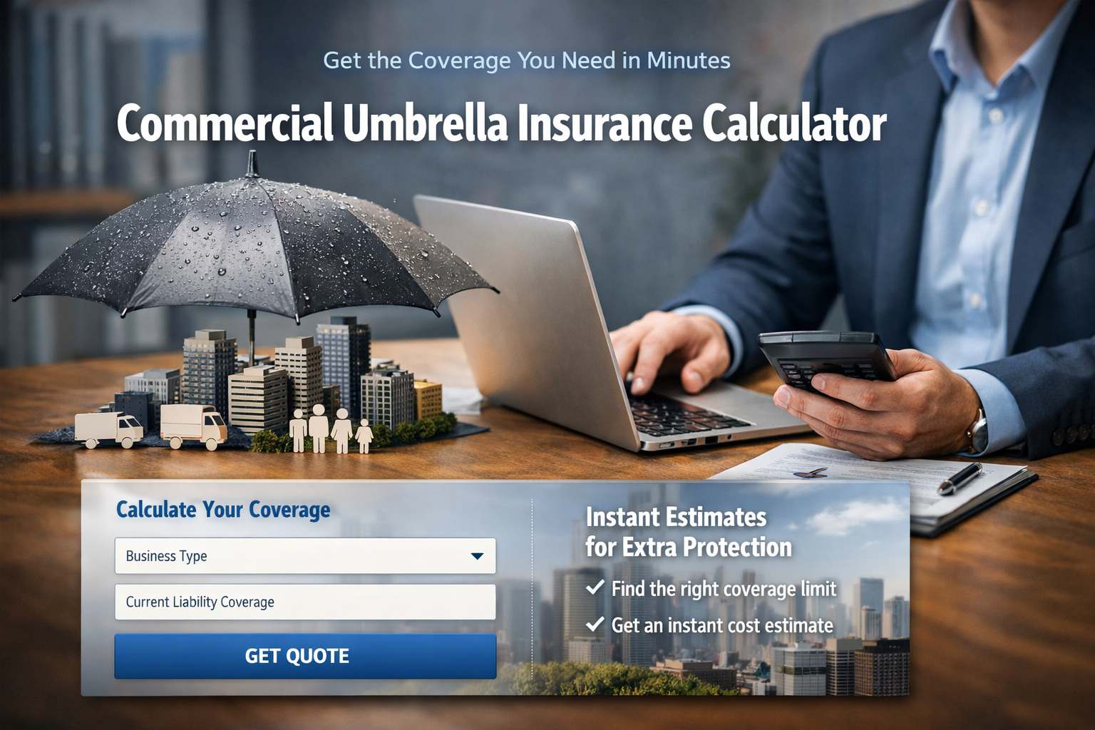 Commercial umbrella insurance calculator for 2026 showing extra liability limits above general liability, commercial auto, and employer liability