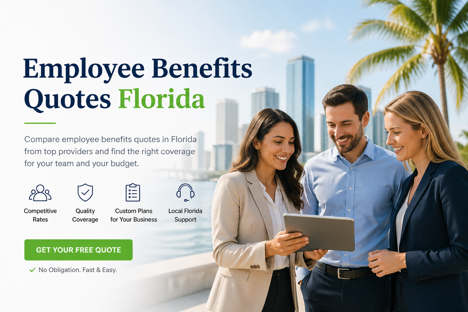 Florida small business owner comparing employee benefits quotes for group health, dental, vision, life, and disability coverage