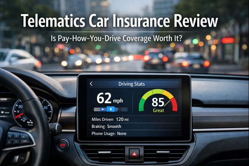 Telematics car insurance review showing app-based driving score, usage-based insurance, and discount comparison