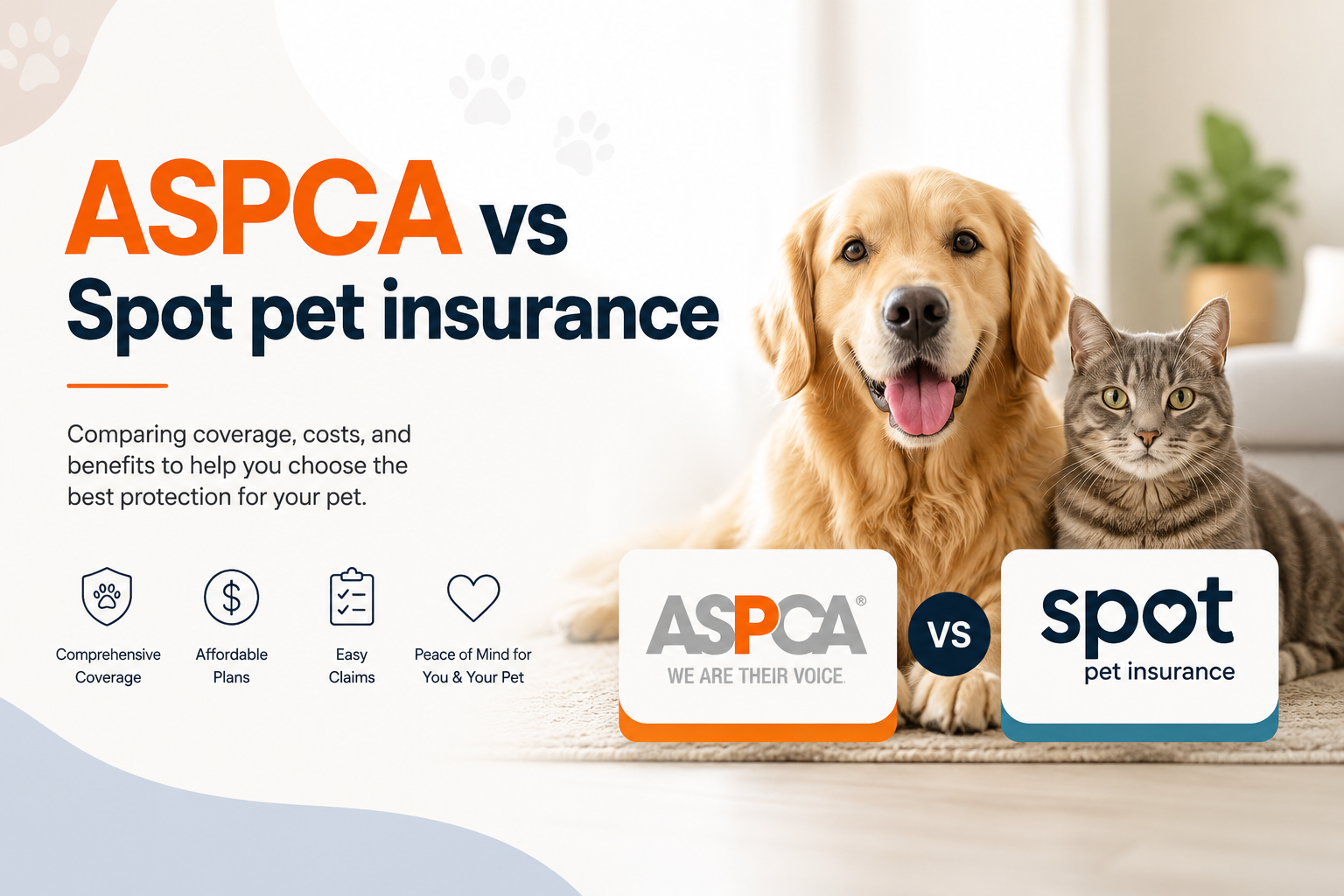 ASPCA vs Spot pet insurance comparison for coverage, waiting periods, wellness options, exam fees, claims, deductibles, reimbursement, and pet insurance quotes