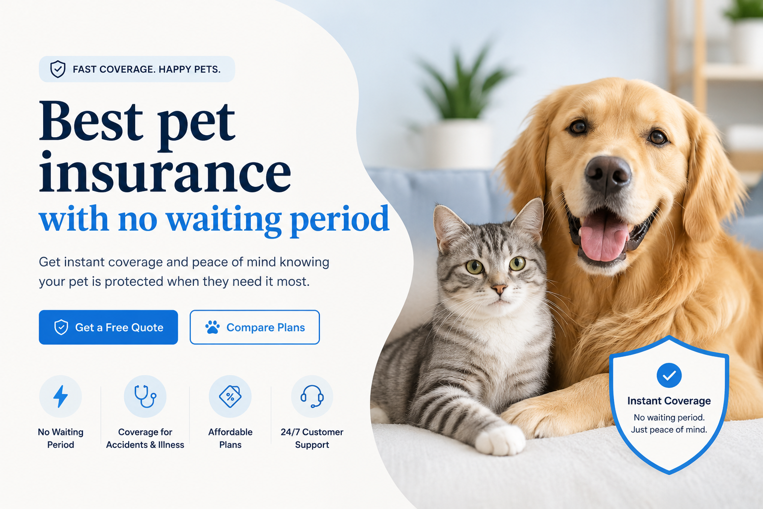 Best pet insurance with no waiting period comparison for accident coverage, illness waiting periods, wellness benefits, claims, exclusions, and quote options