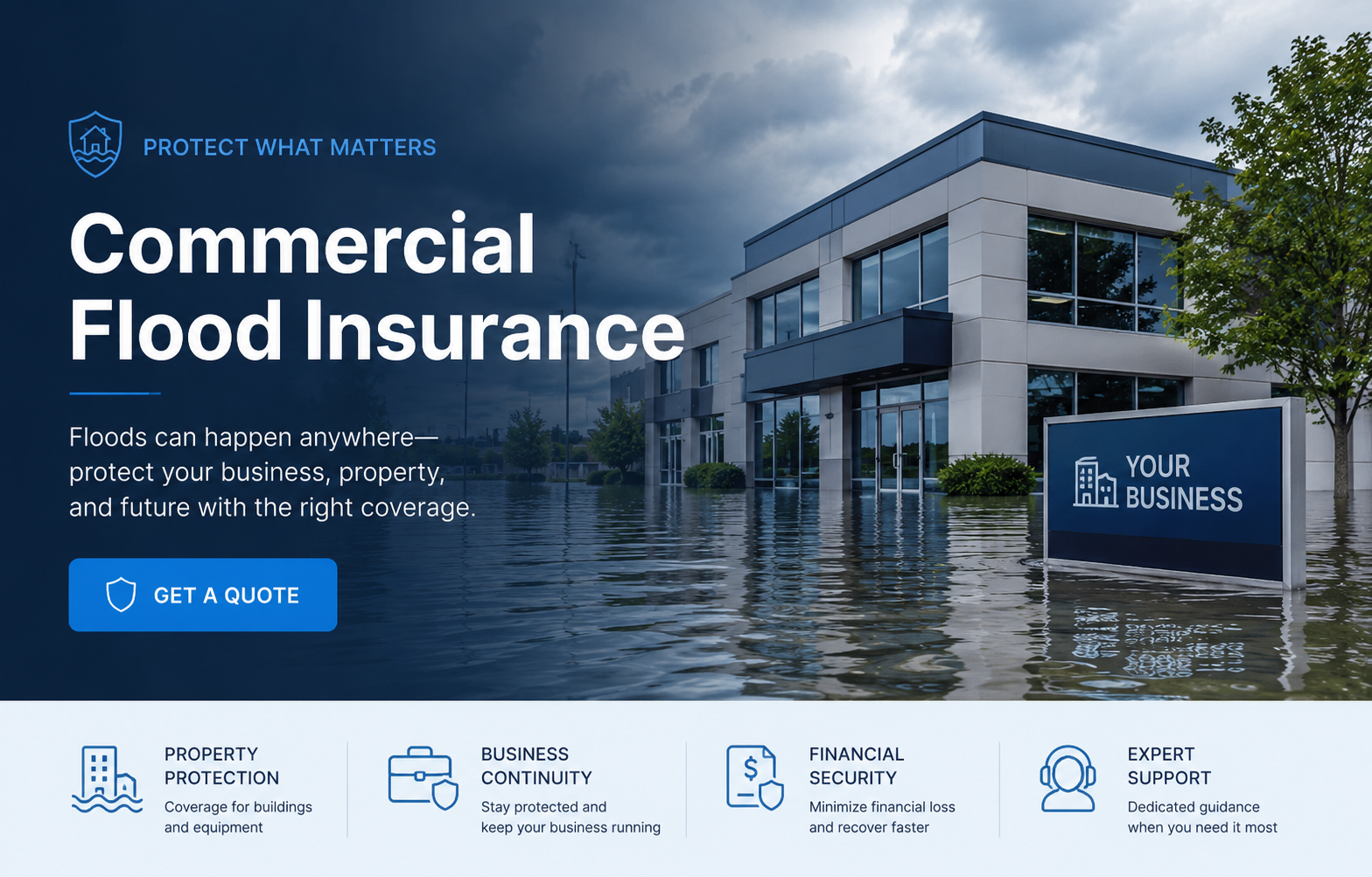 Commercial flood insurance for business buildings, equipment, inventory, contents, and flood quote planning