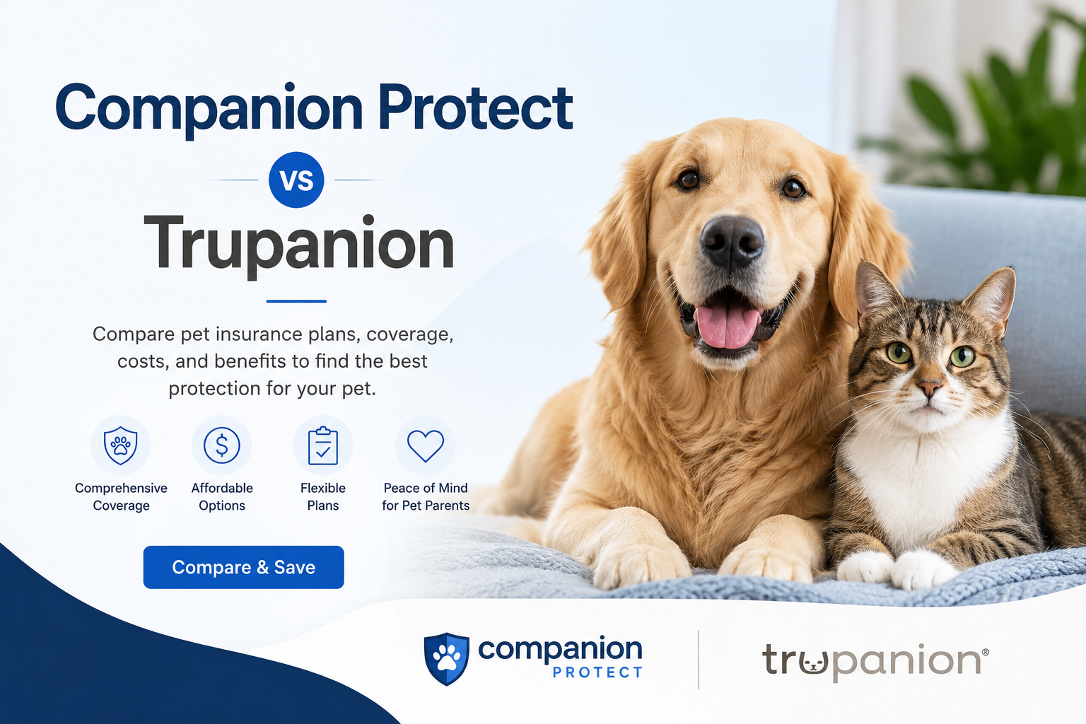 Companion Protect vs Trupanion pet insurance comparison for direct vet pay, waiting periods, claims, deductibles, reimbursement, and pet insurance quotes