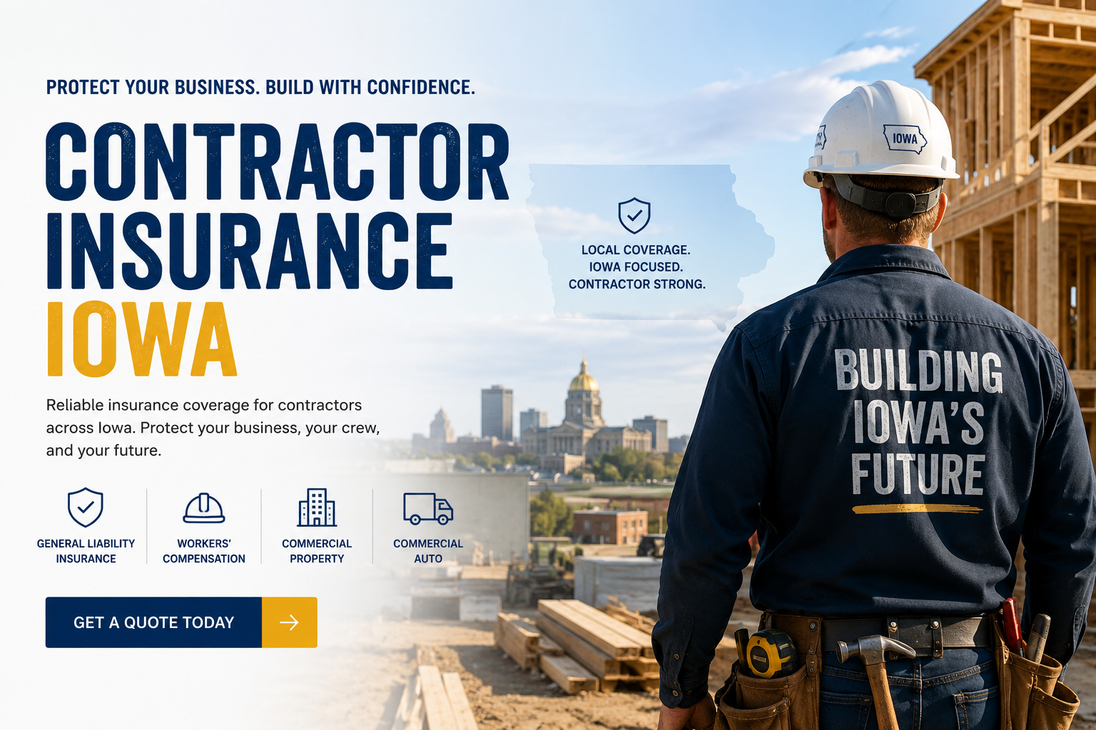 Iowa contractor reviewing liability insurance, tools coverage, workers compensation, bonds, and certificates before a job