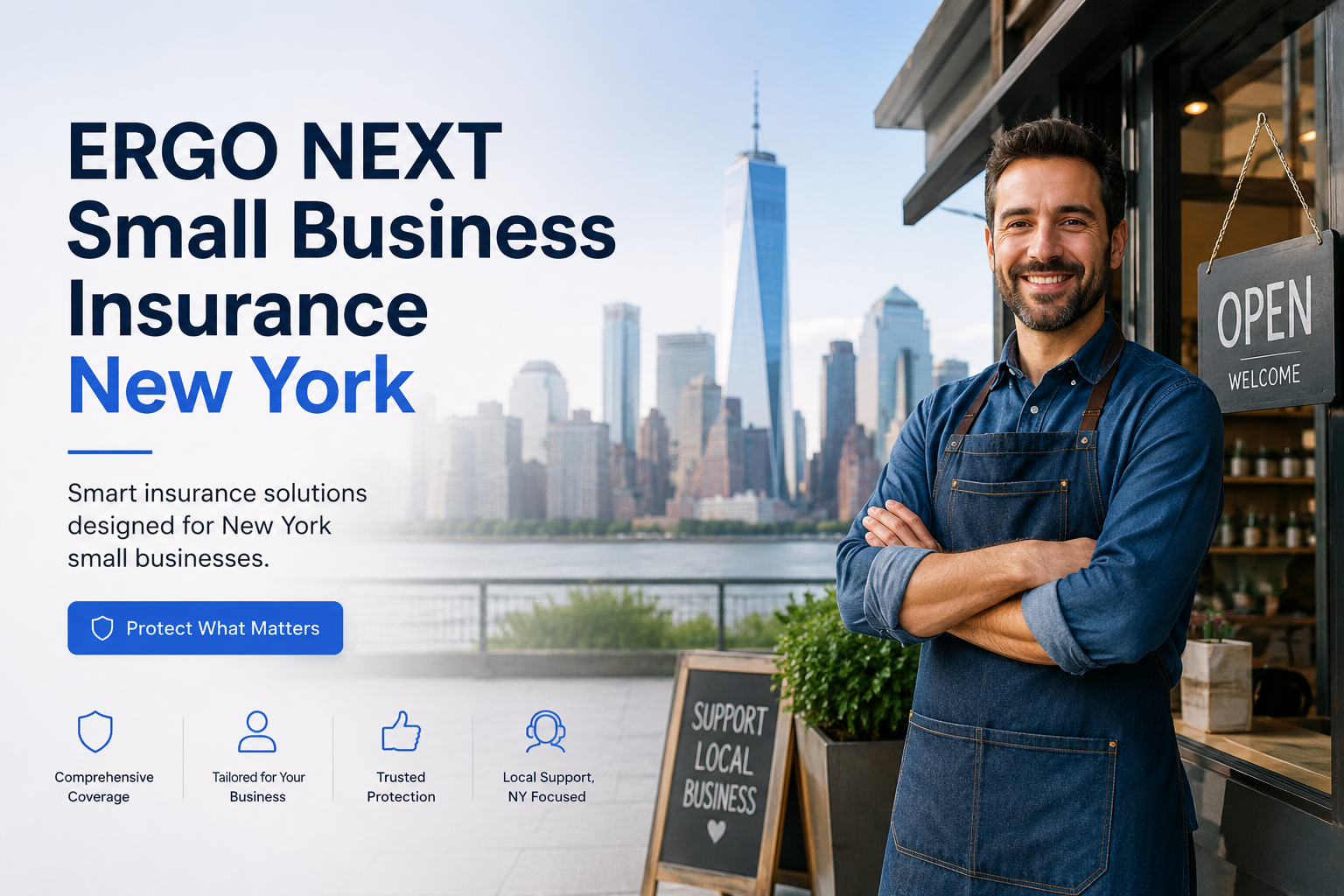 New York small business owner comparing NEXT small business insurance, First Connect, and Coterie online quote options