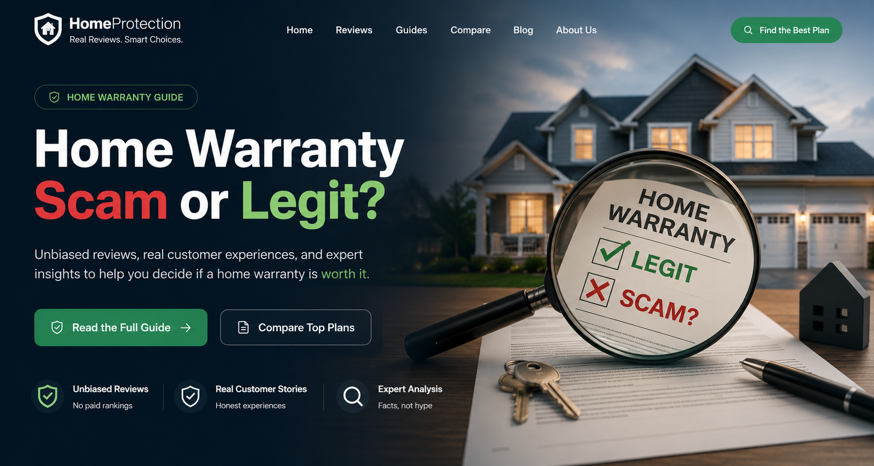 Home warranty scam or legit 2026 guide showing red flags, legitimate service contracts, coverage limits, exclusions, and claim checklist