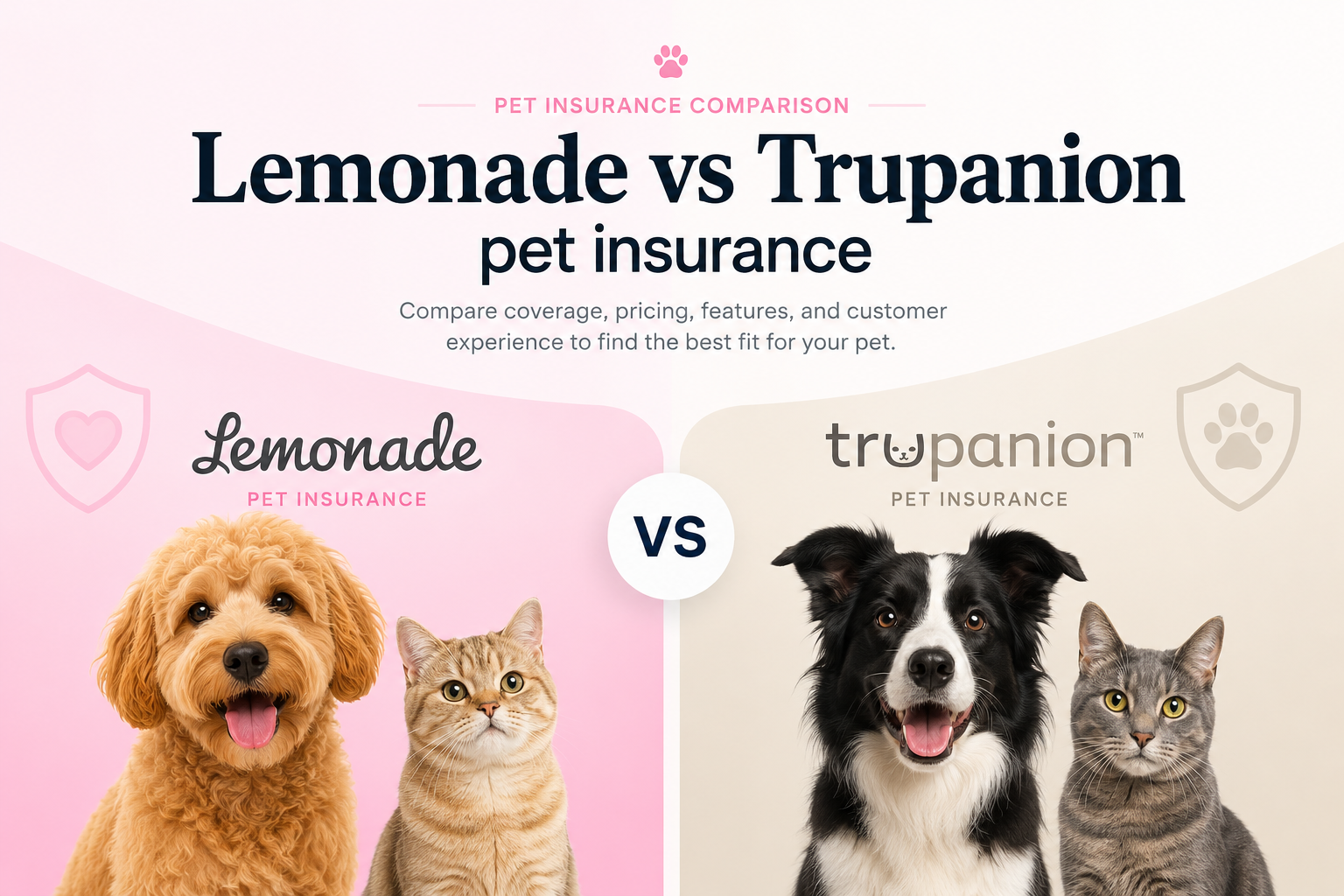 Lemonade vs Trupanion pet insurance comparison for coverage, claims, cost, deductibles, direct vet pay, waiting periods, and pet insurance quotes