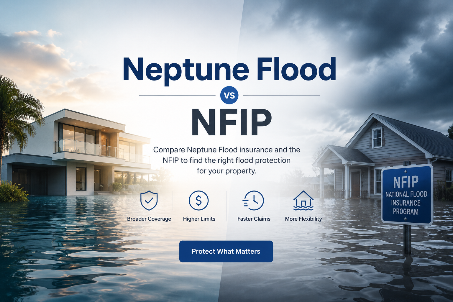 Neptune Flood vs NFIP comparison showing private flood insurance, federal flood insurance, coverage limits, waiting periods, costs, and quote options