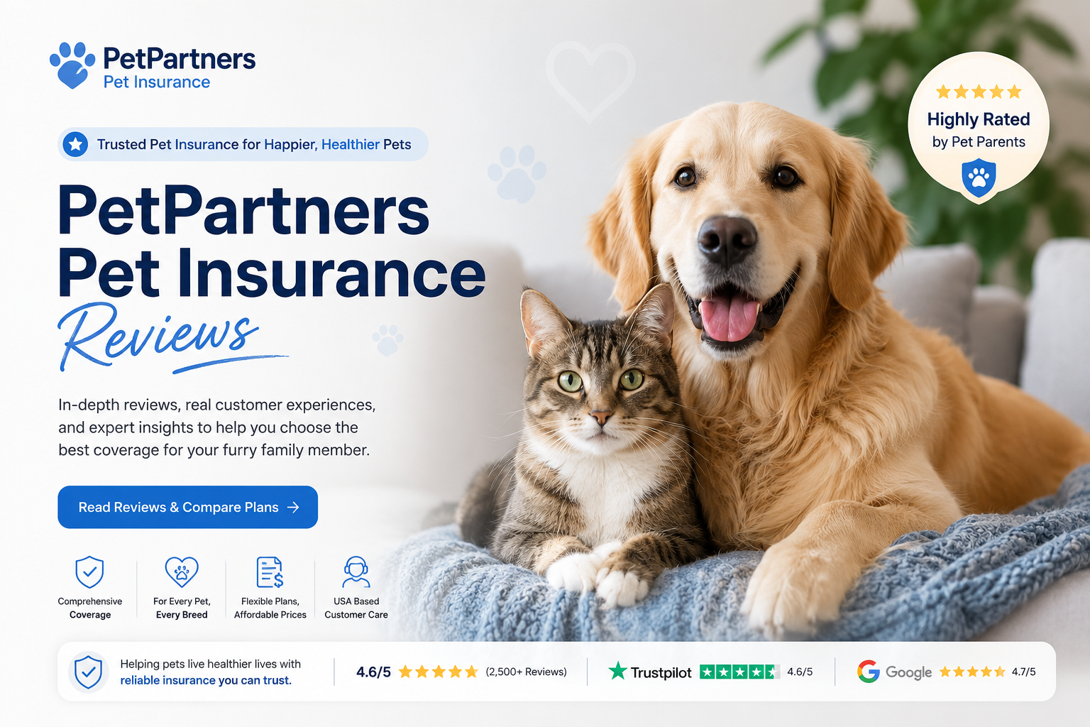 PetPartners Pet Insurance Reviews for 2026 with coverage, claims, waiting periods, wellness options, and pet insurance comparison points