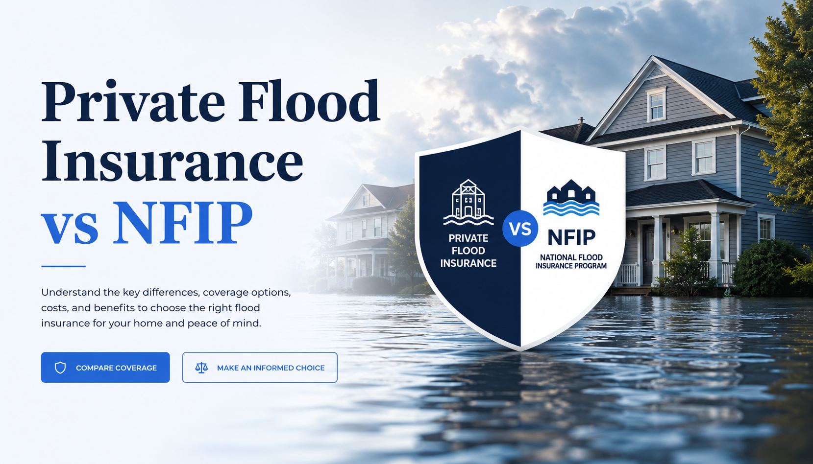 Private flood insurance vs NFIP comparison for homeowners reviewing federal flood coverage, private market limits, waiting periods, costs, and quote options