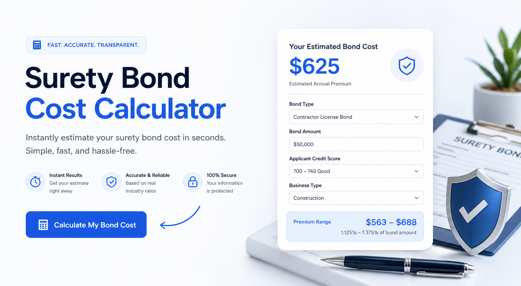 Surety bond cost calculator for 2026 with online quote access