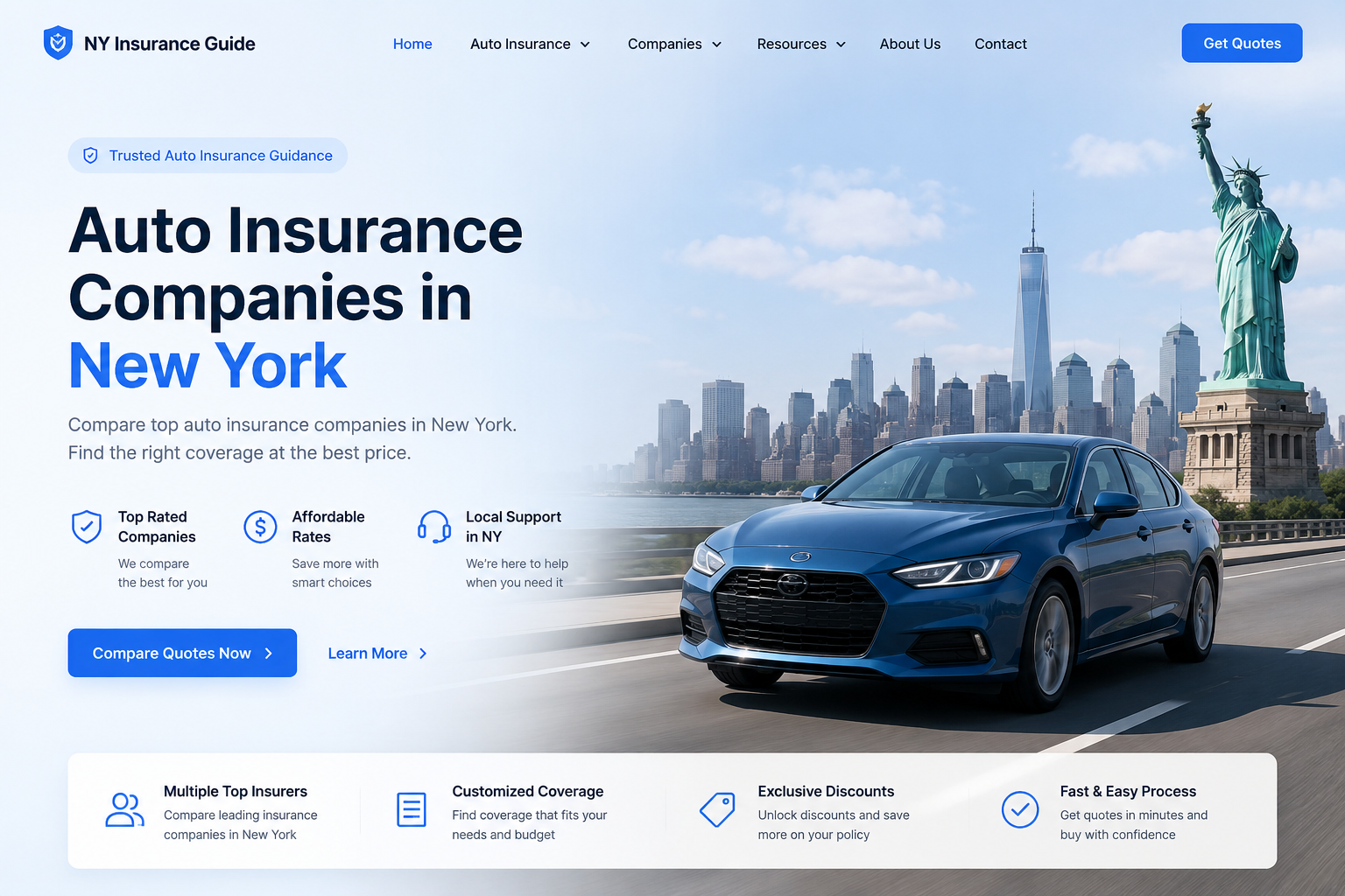 Auto insurance companies in New York for 2026 with side-by-side comparison of liability, no-fault, UM, discounts, and quote options