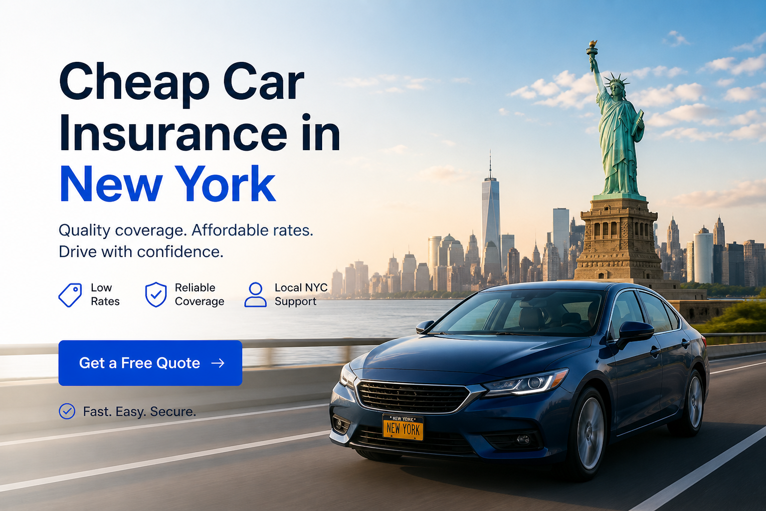 Cheap car insurance in New York for 2026 with rate comparison, no-fault PIP, liability, uninsured motorist coverage, and savings tips