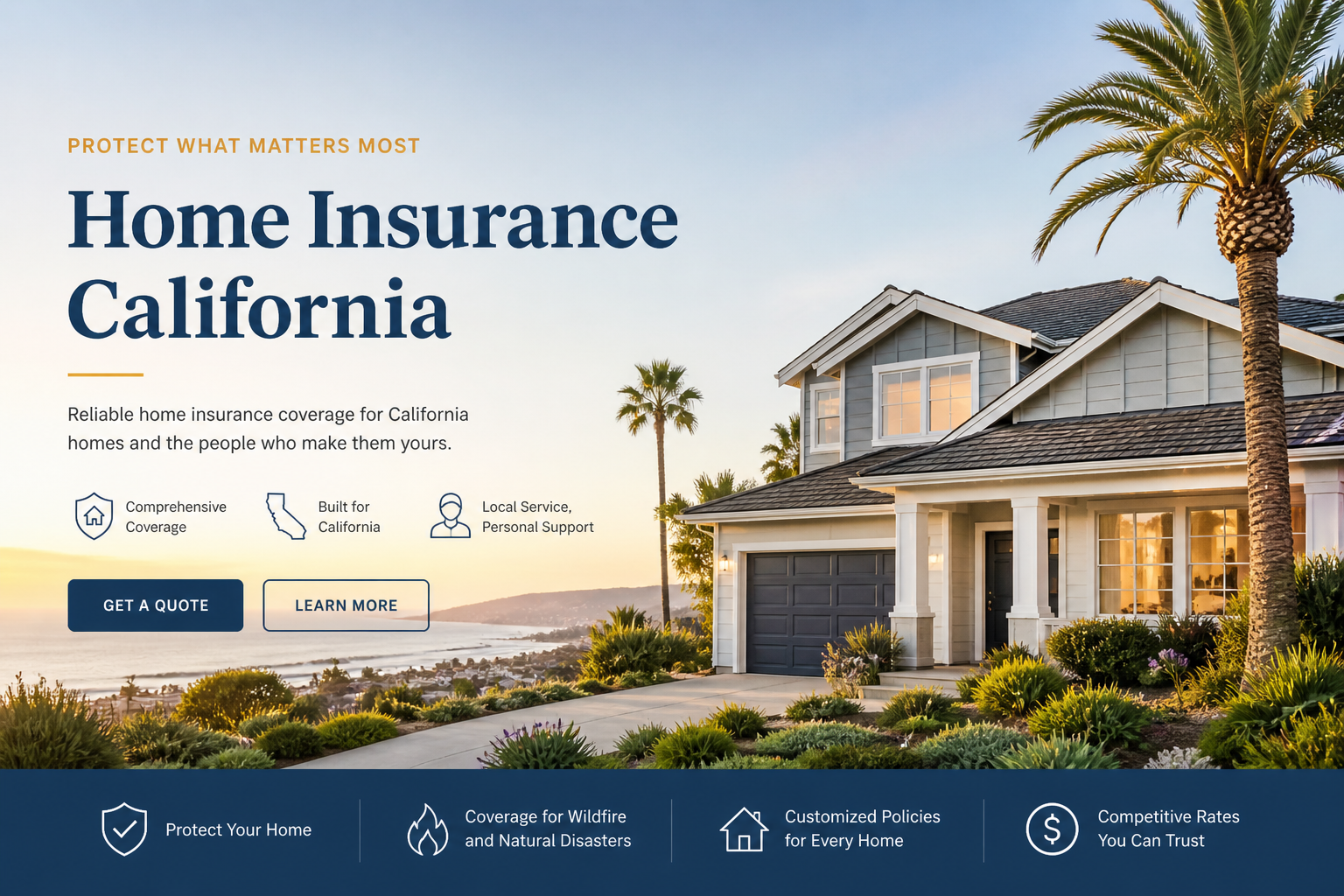 Home insurance in California for 2026 with wildfire risk, dwelling coverage, liability, deductibles, and quote comparison