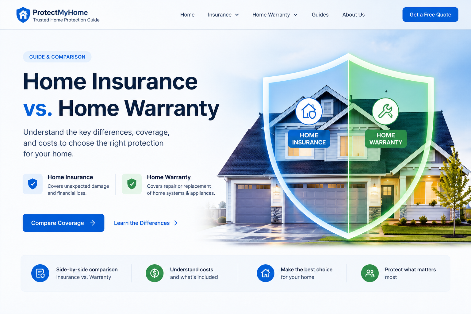 Home insurance vs home warranty comparison showing property coverage, liability protection, appliances, systems, exclusions, and repair decisions