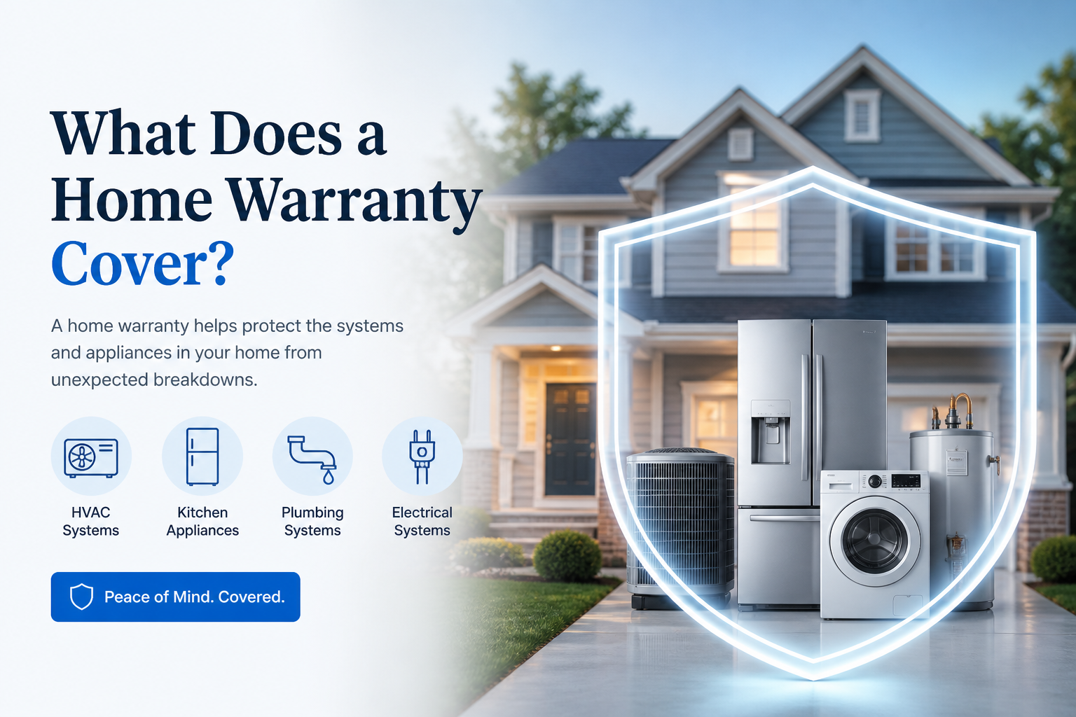 Home warranty coverage guide showing appliances, HVAC, plumbing, electrical, water heater, add-ons, exclusions, and service fees