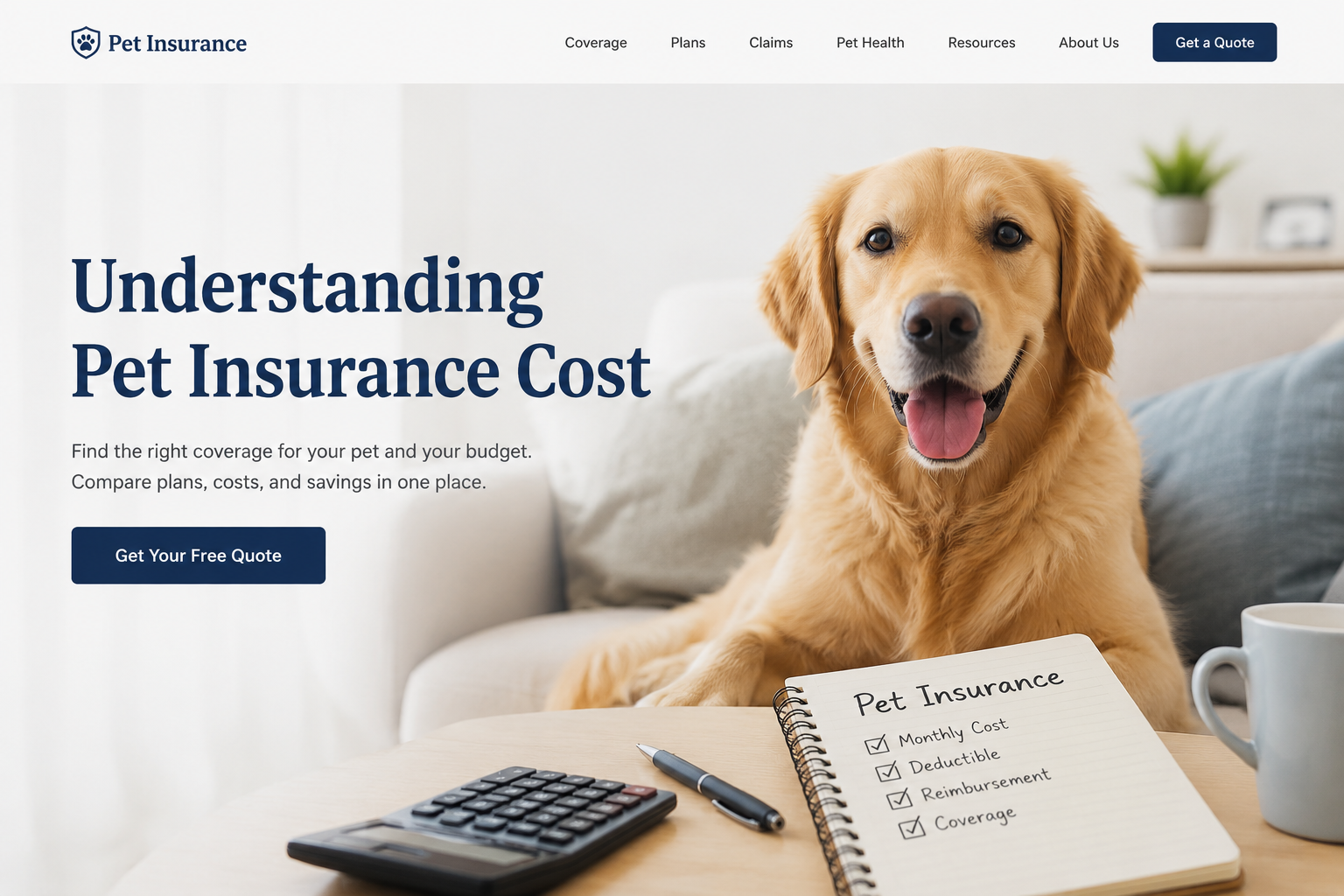 Pet insurance cost for dogs and cats with monthly premiums, deductibles, reimbursement rates, and annual limits